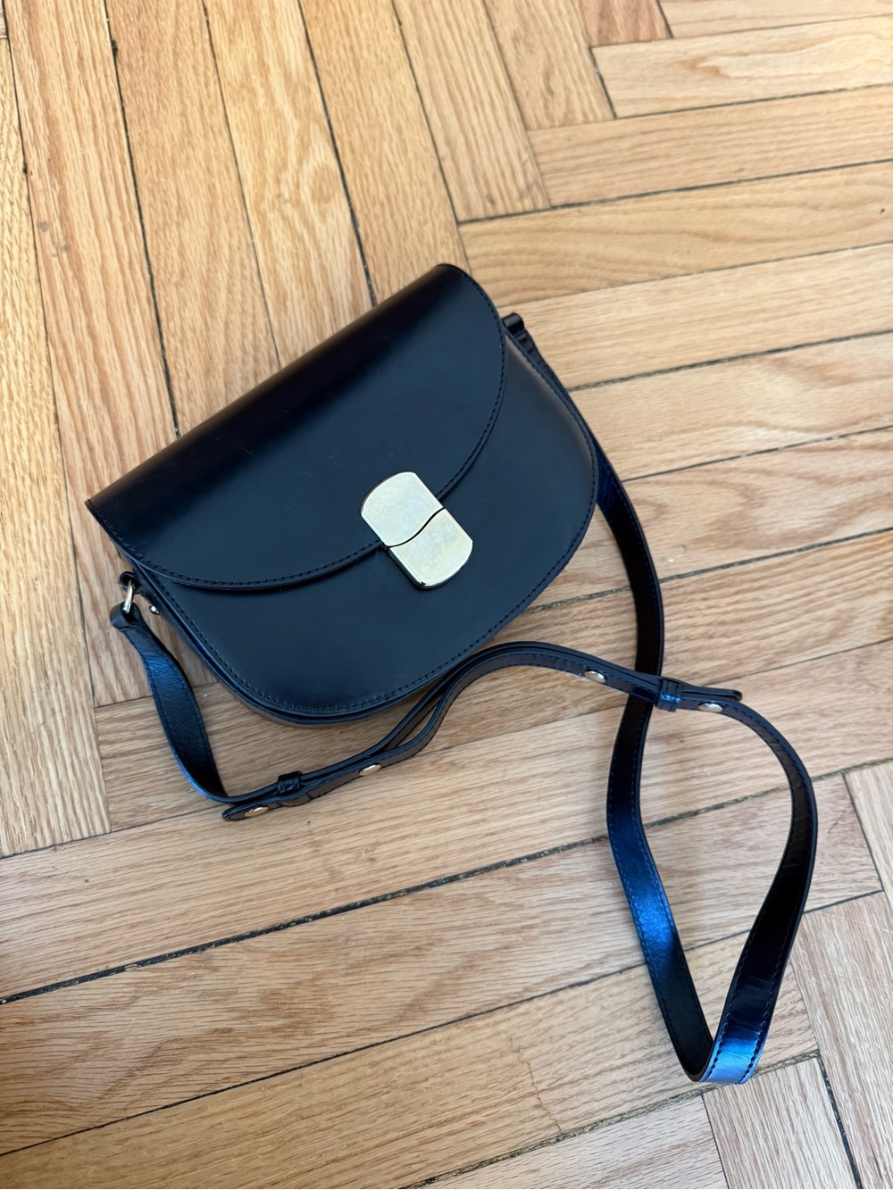 Sezane Black Crossbody Saddle Bag with Gold Hardware